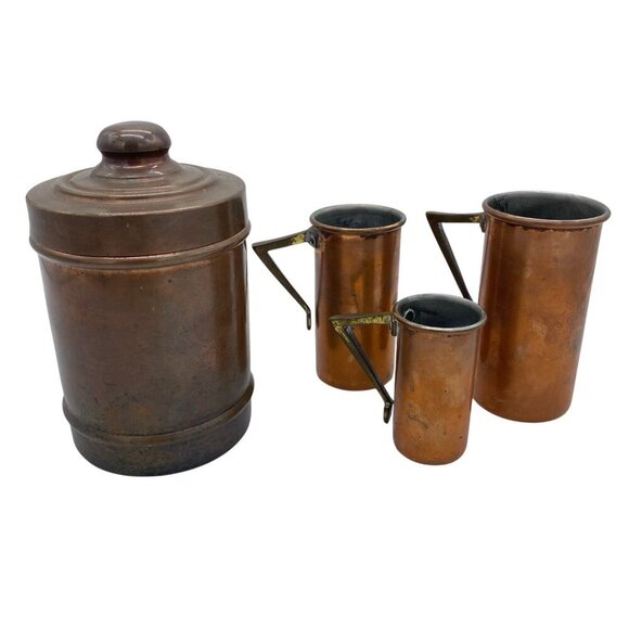 Antique Copper & Brass Measuring Cups With Storage Canister 4 Piece - Picture 1 of 16